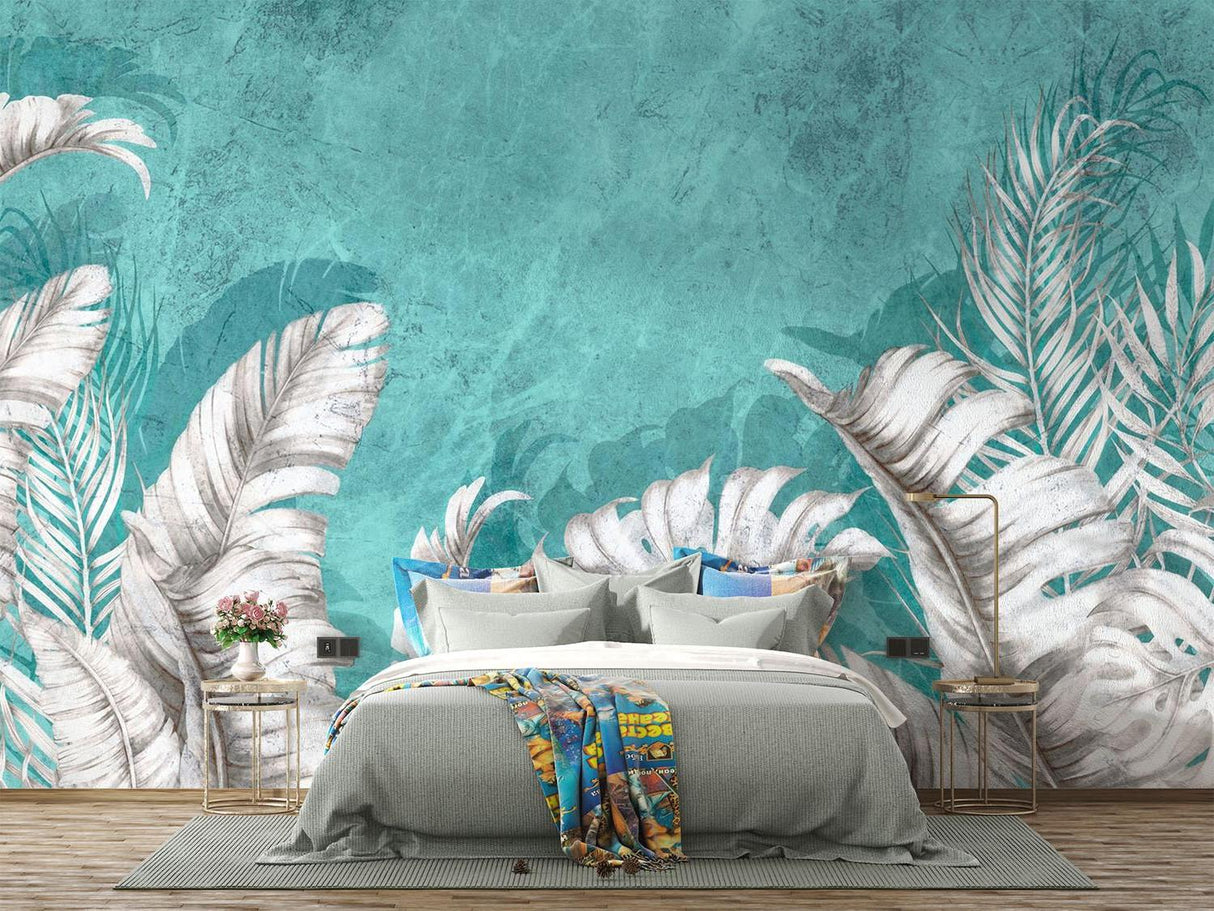 Tropical Mural Wallpaper | White Palm Leaves on Turquoise