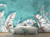 Tropical Mural Wallpaper | White Palm Leaves on Turquoise