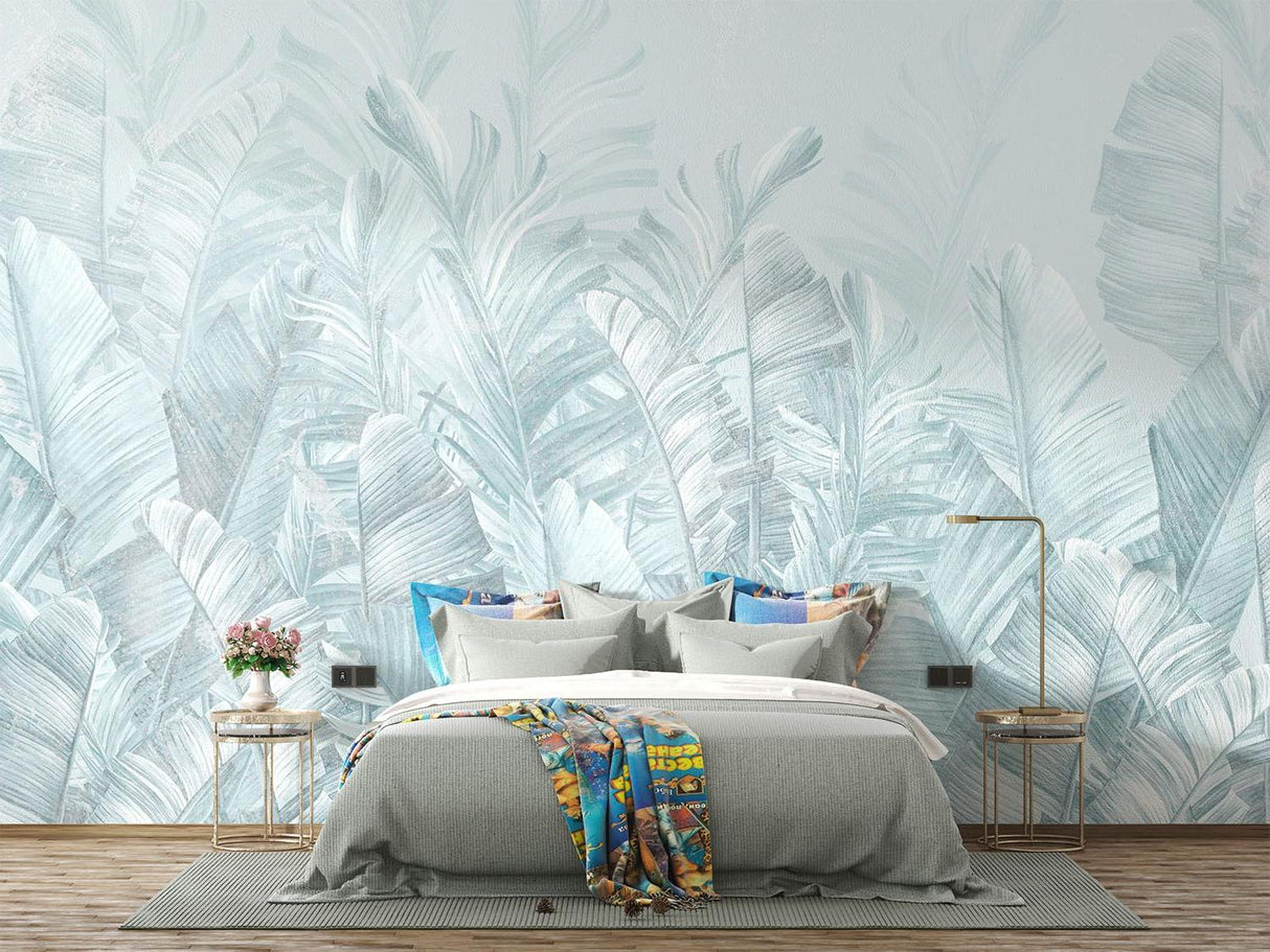 Tropical Mural Wallpaper | Soft Blue Palm Leaves Design