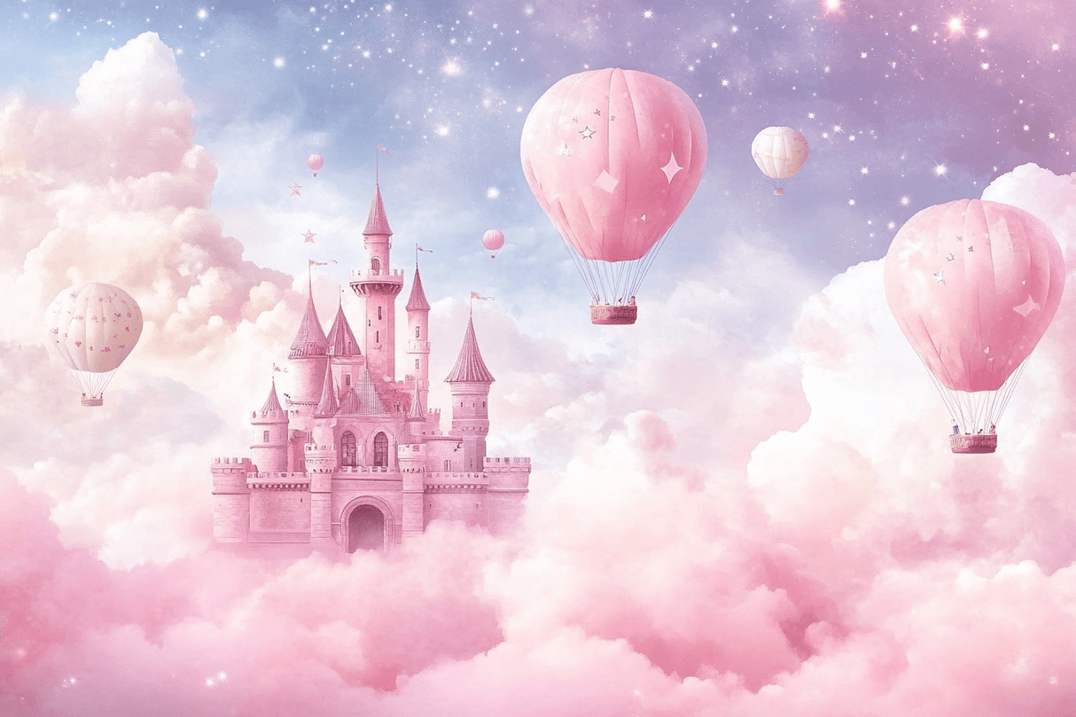 Princess Castle Mural Wallpaper | Dreamy Pink Hot Air Balloons
