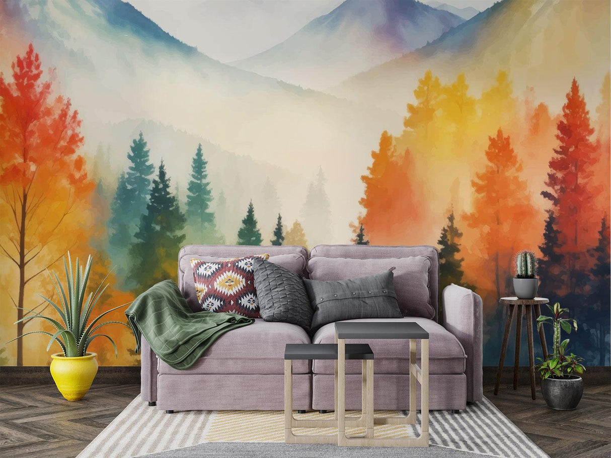Papier Peint Mural Forêt | Scène Aquarelle Montagne Brumeuse