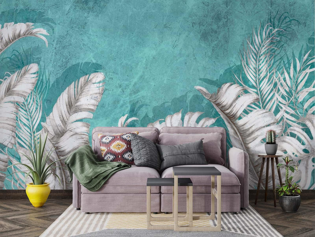 Tropical Mural Wallpaper | White Palm Leaves on Turquoise
