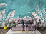 Tropical Mural Wallpaper | White Palm Leaves on Turquoise