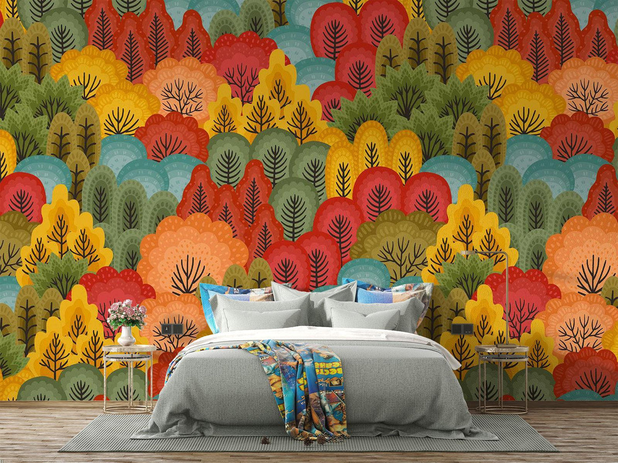 Forest Mural Wallpaper | Colorful Autumn Trees Pattern