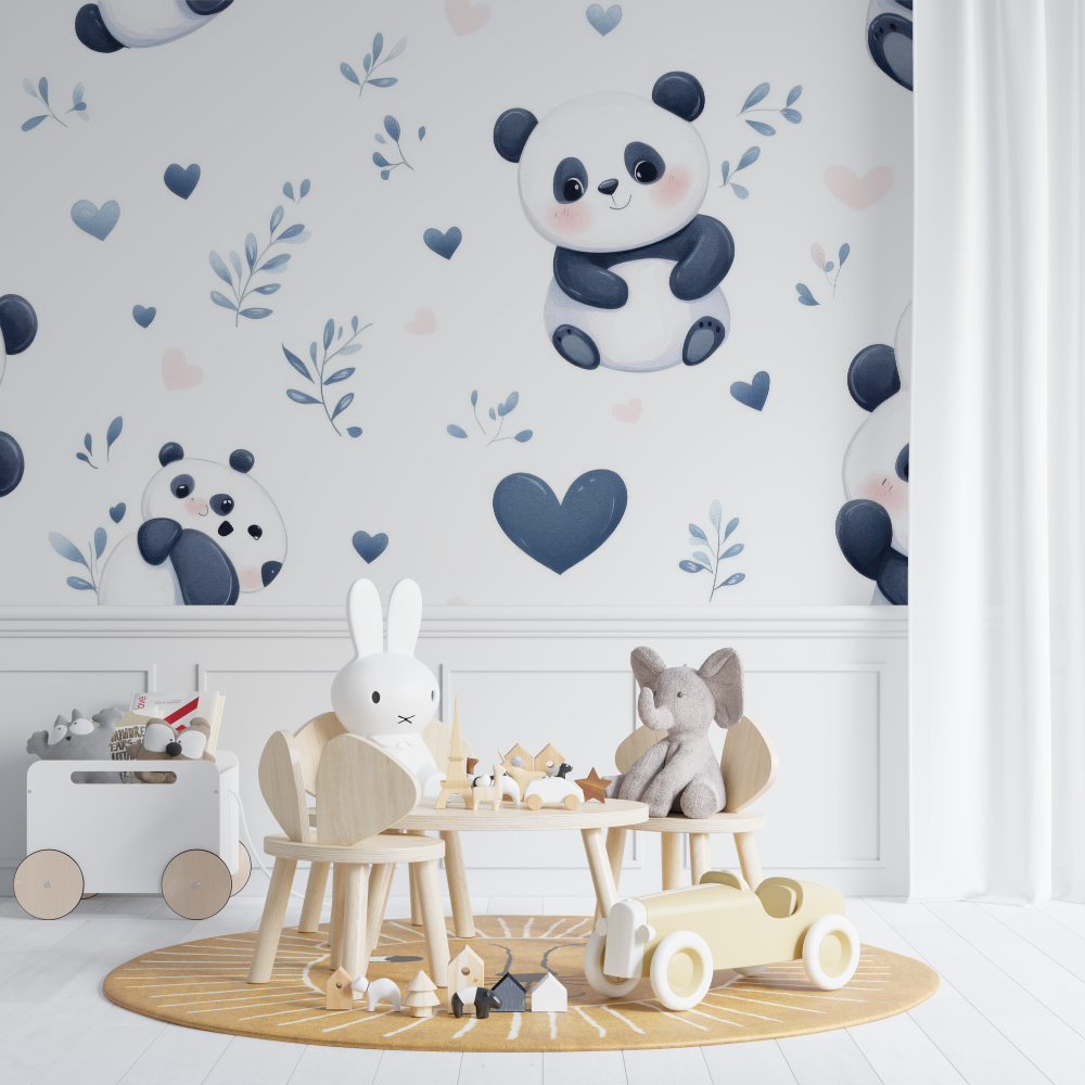 Panda Mural Wallpaper | Cute Nursery Design with Hearts and Clouds