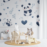 Panda Mural Wallpaper | Cute Nursery Design with Hearts and Clouds