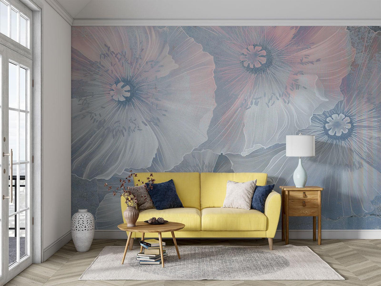 Floral Mural Wallpaper | Ethereal Blue and Pink Poppies