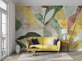 Tropical Mural Wallpaper | Abstract Watercolor Leaves in Yellow and Green