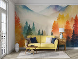 Papier Peint Mural Forêt | Scène Aquarelle Montagne Brumeuse