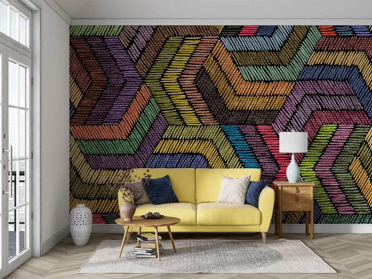 Geometric Mural Wallpaper | Colorful Rainbow Chevron Pattern