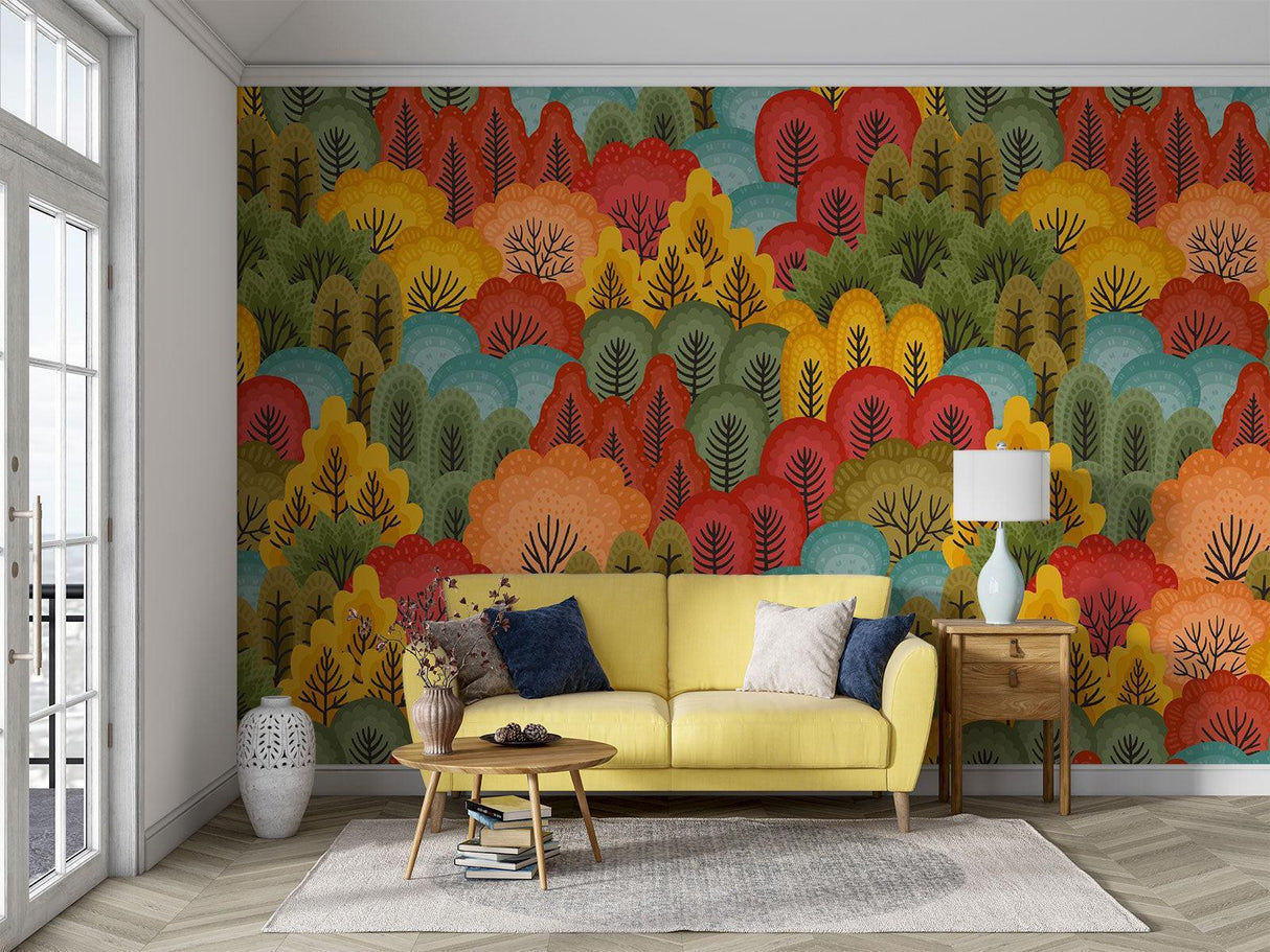Forest Mural Wallpaper | Colorful Autumn Trees Pattern
