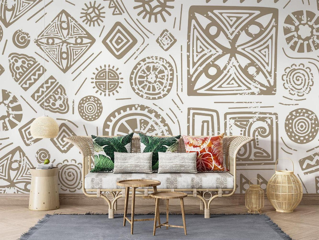 Geometric Mural Wallpaper | Tribal Beige and White Pattern