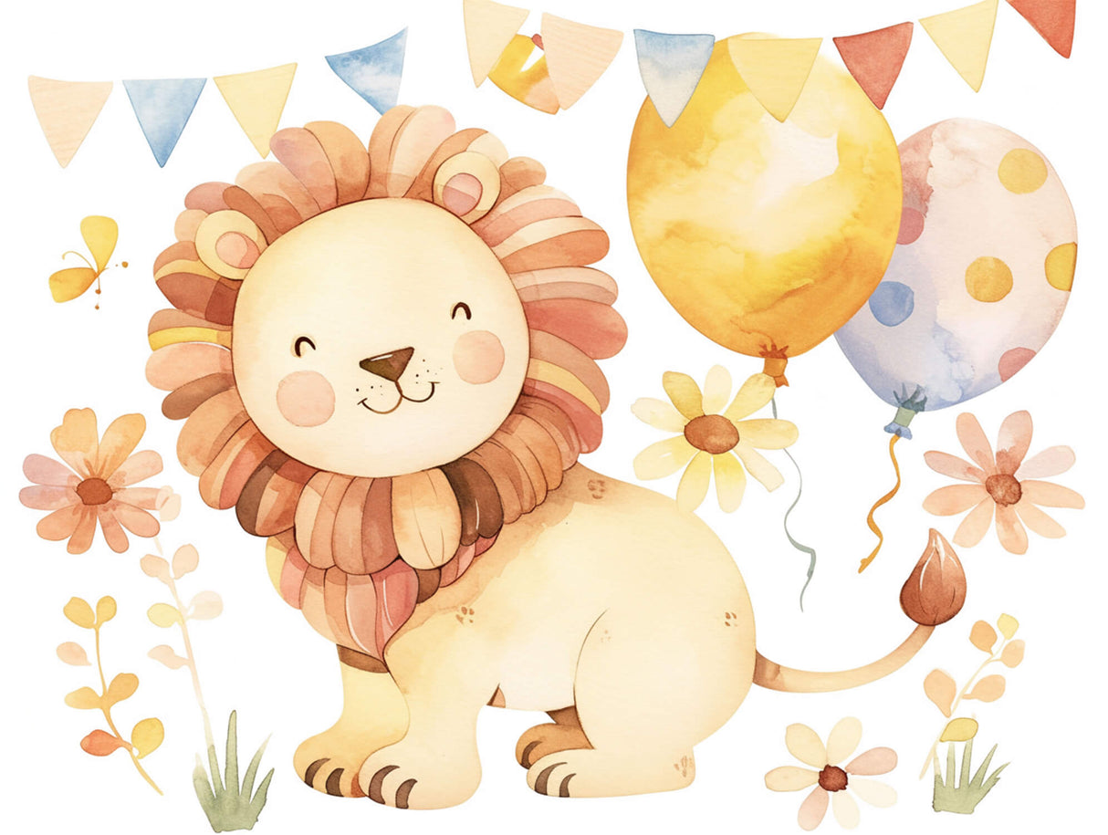 Lion Mural Wallpaper | Cute Safari with Balloons and Flowers
