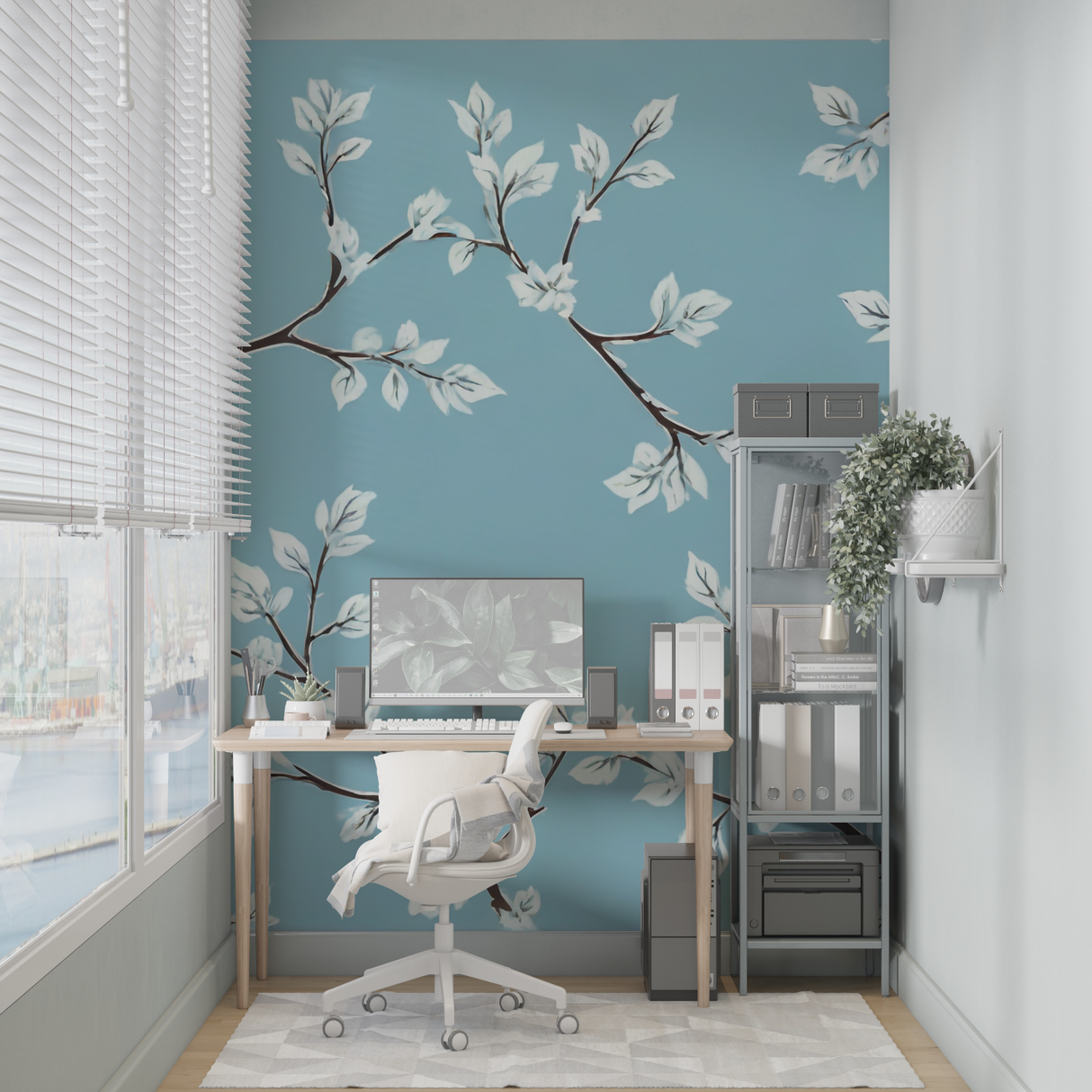 Floral Mural Wallpaper | White Leaves on Blue Background