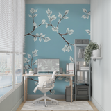 Floral Mural Wallpaper | White Leaves on Blue Background