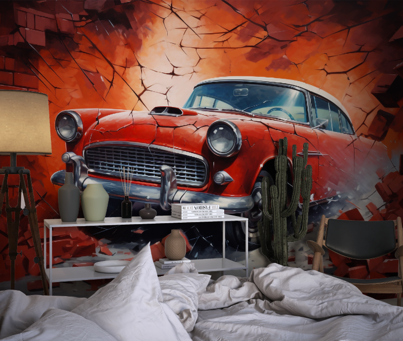Vintage Car Mural Wallpaper | Classic Red Automobile Through Brick Wall