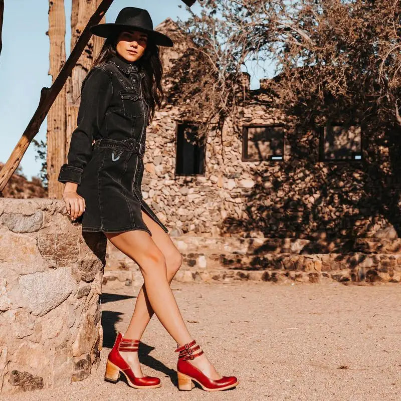 Vintage Block Heel Pumps  Red Leather Double Ankle Strap - Product example