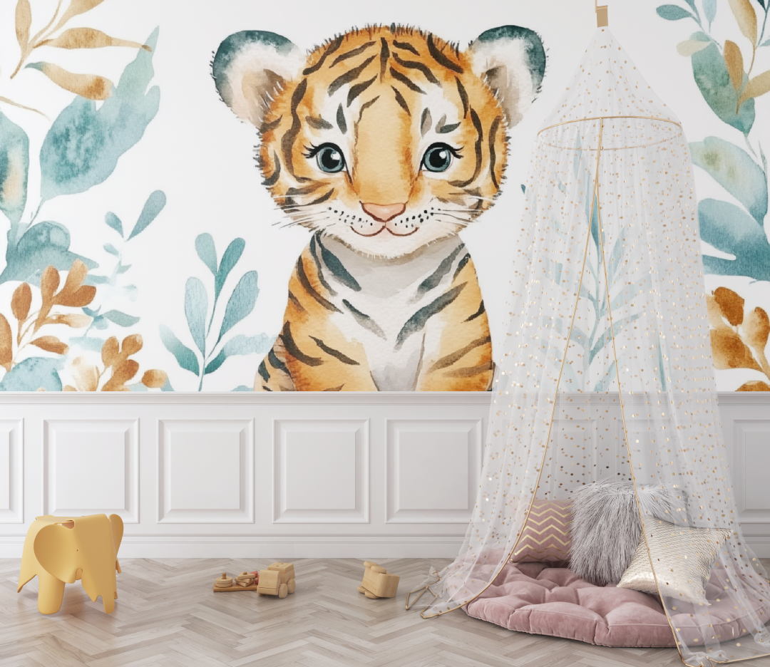 Tiger Mural Wallpaper | Watercolor Jungle Cub Design