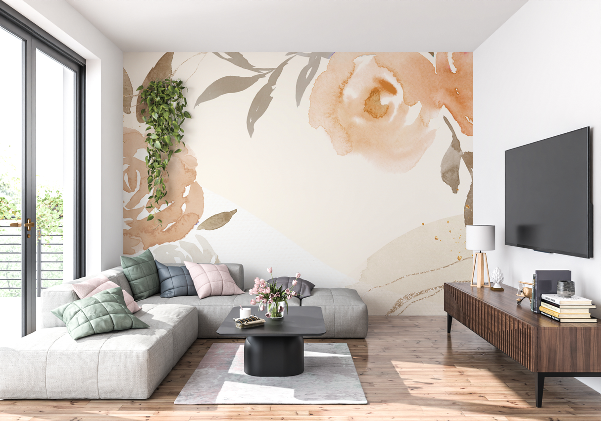Floral Mural Wallpaper | Watercolor Beige and Terracotta Design