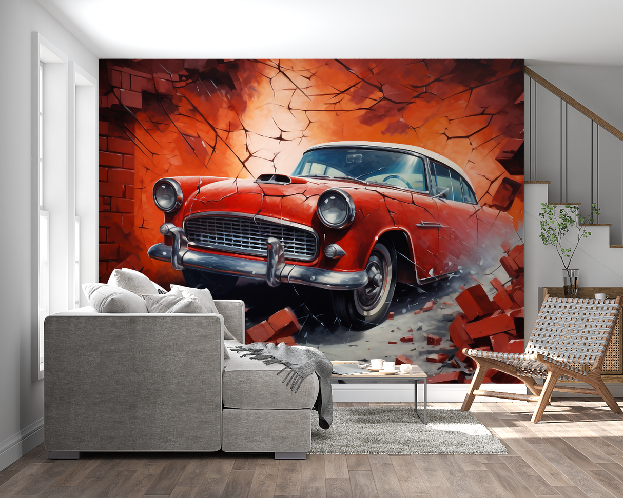Vintage Car Mural Wallpaper | Classic Red Auto Breaking Through Brick Wall