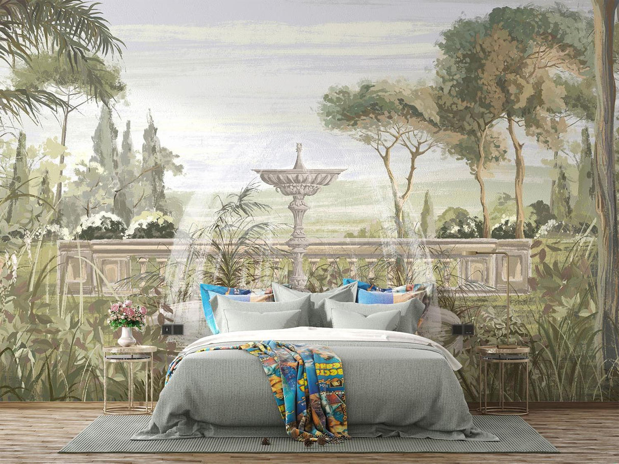 Papier Peint Mural de Jardin | Fontaine Vintage avec Palmiers