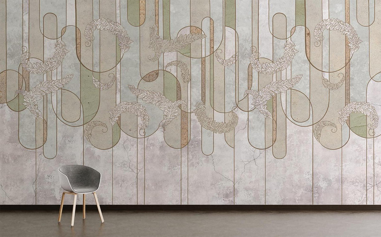 Art Deco Mural Wallpaper | Geometric Feather Pattern in Sage