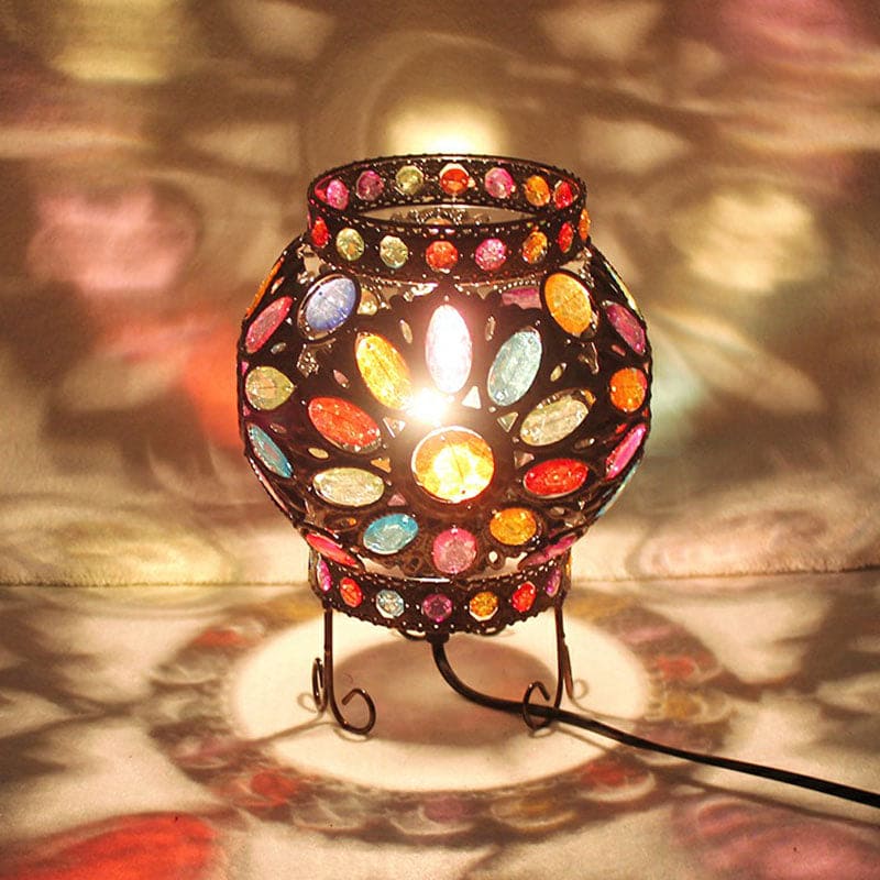 Moroccan Table Lamp  Bronze Metal with Colorful Beads - Detailed view