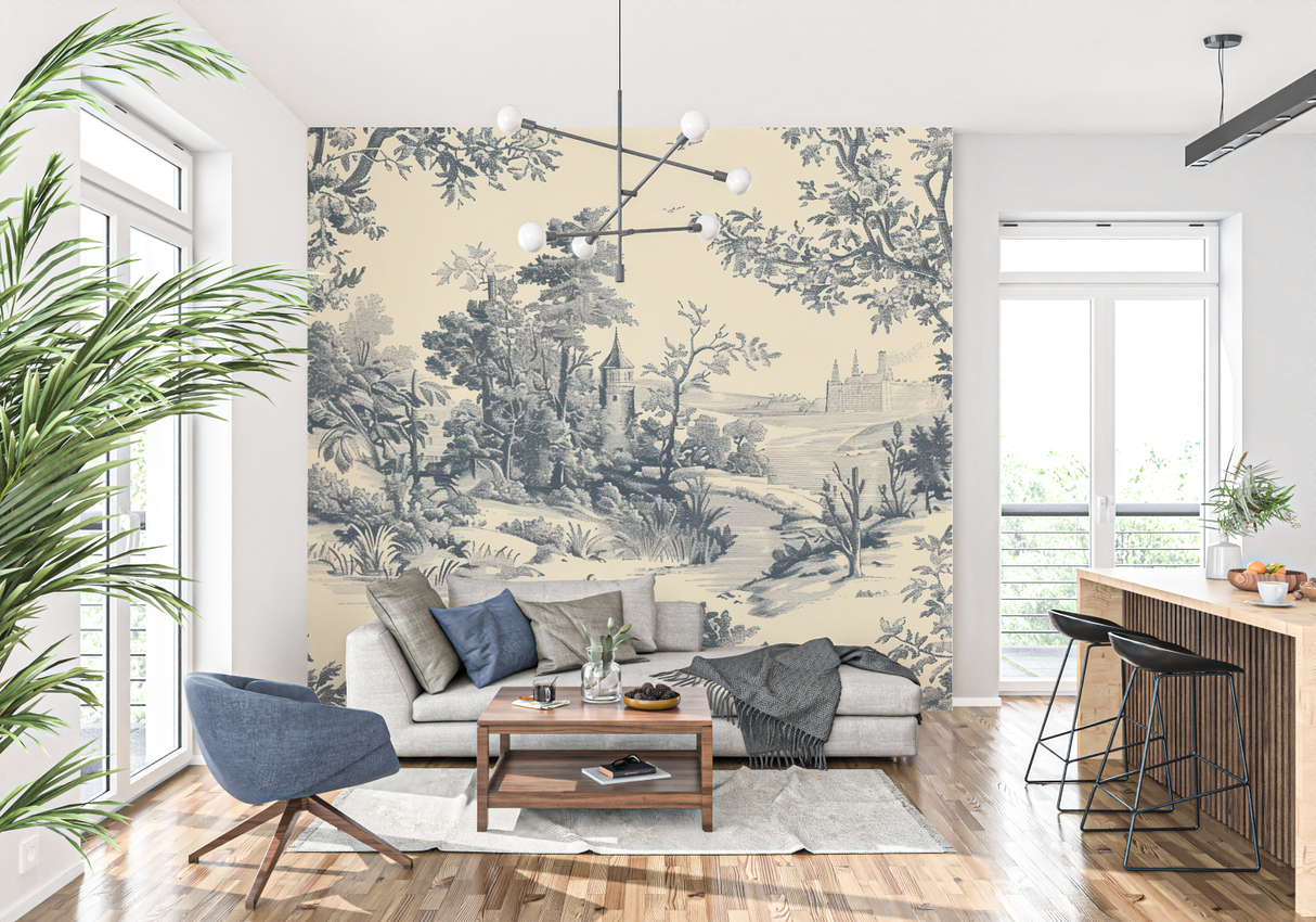 Vintage Castle Mural Wallpaper | Black and Beige Toile de Jouy