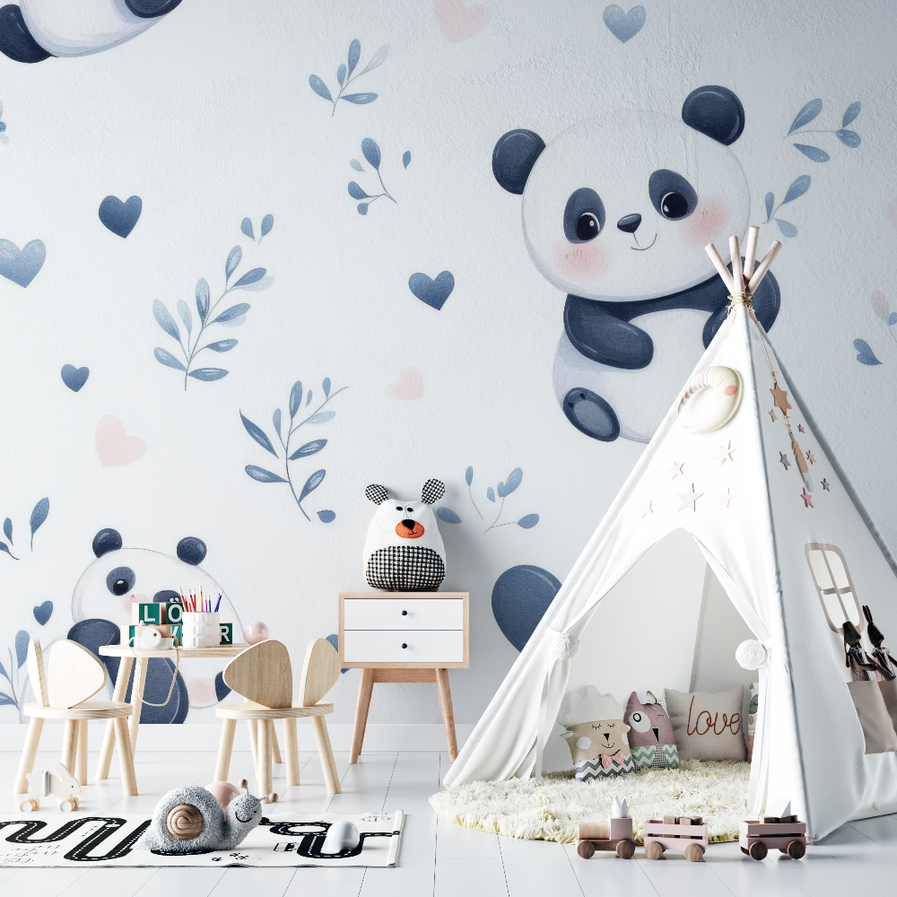 Panda Mural Wallpaper | Cute Nursery Design with Hearts and Clouds