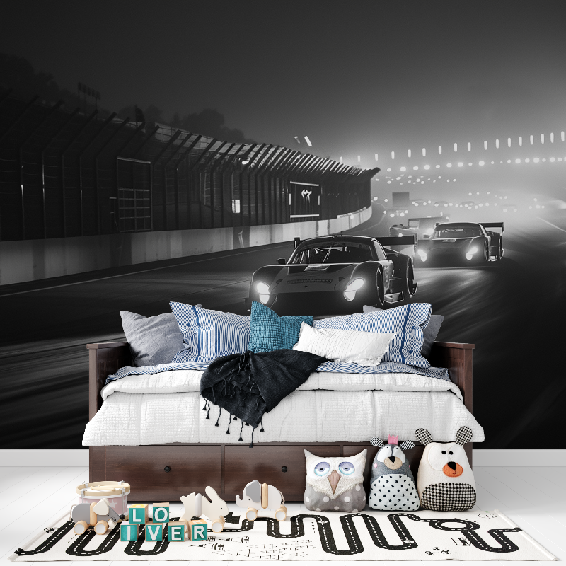 Racing Car Mural Wallpaper | Black and White Dynamic Design