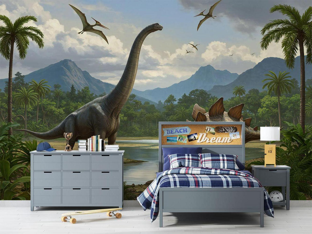 Dinosaurier Tapete | Jurassische Landschaft mit Brachiosaurus