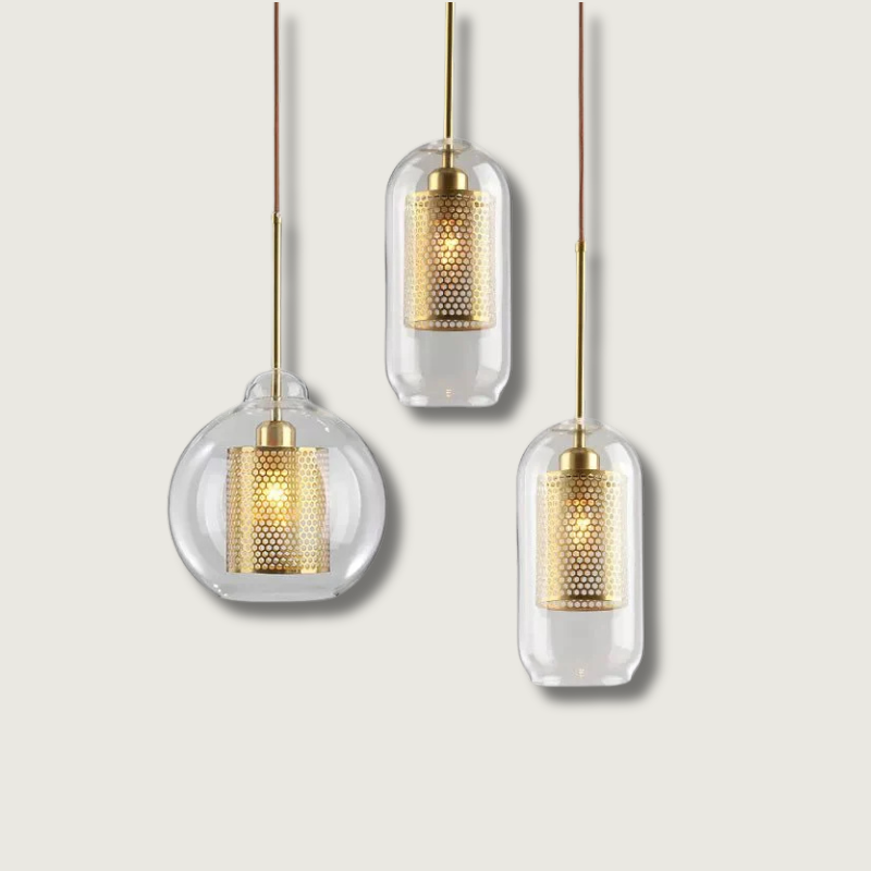 Modern Glass Pendant Light  Gold Mesh Iron Shade - Product showcase