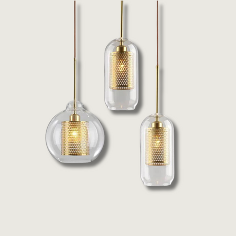 Modern Glass Pendant Light  Gold Mesh Iron Shade - Product showcase