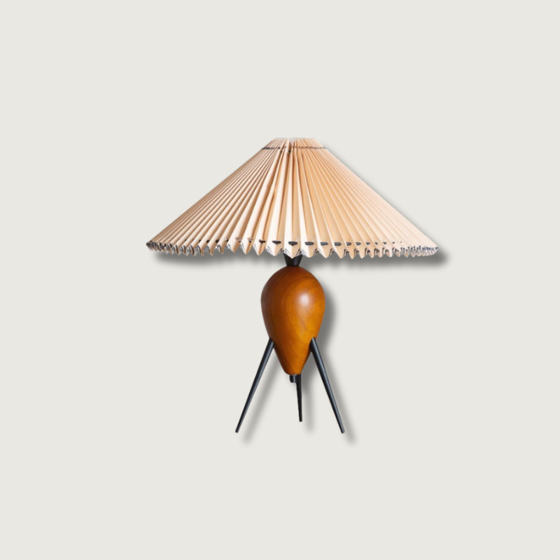Modern Table Lamp  Pleated Shade Walnut Tripod Base - Product showcase