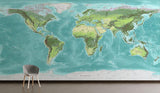 World Map Mural Wallpaper | Topographical Design in Turquoise and Green