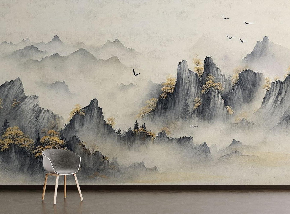 Mountain Mural Wallpaper | Japanese Watercolor Landscape with Birds