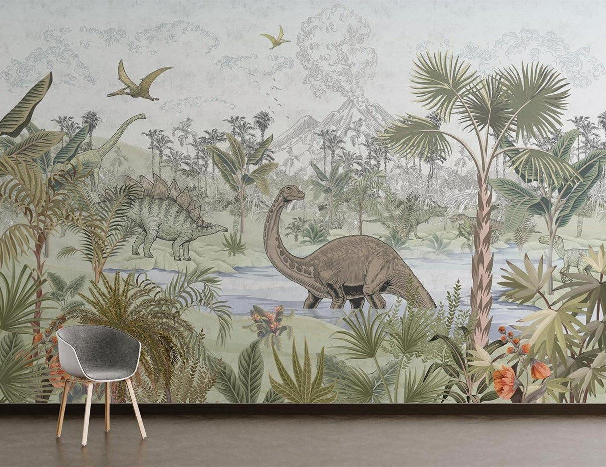 Dinosaur Mural Wallpaper | Jurassic Tropical Paradise Scene
