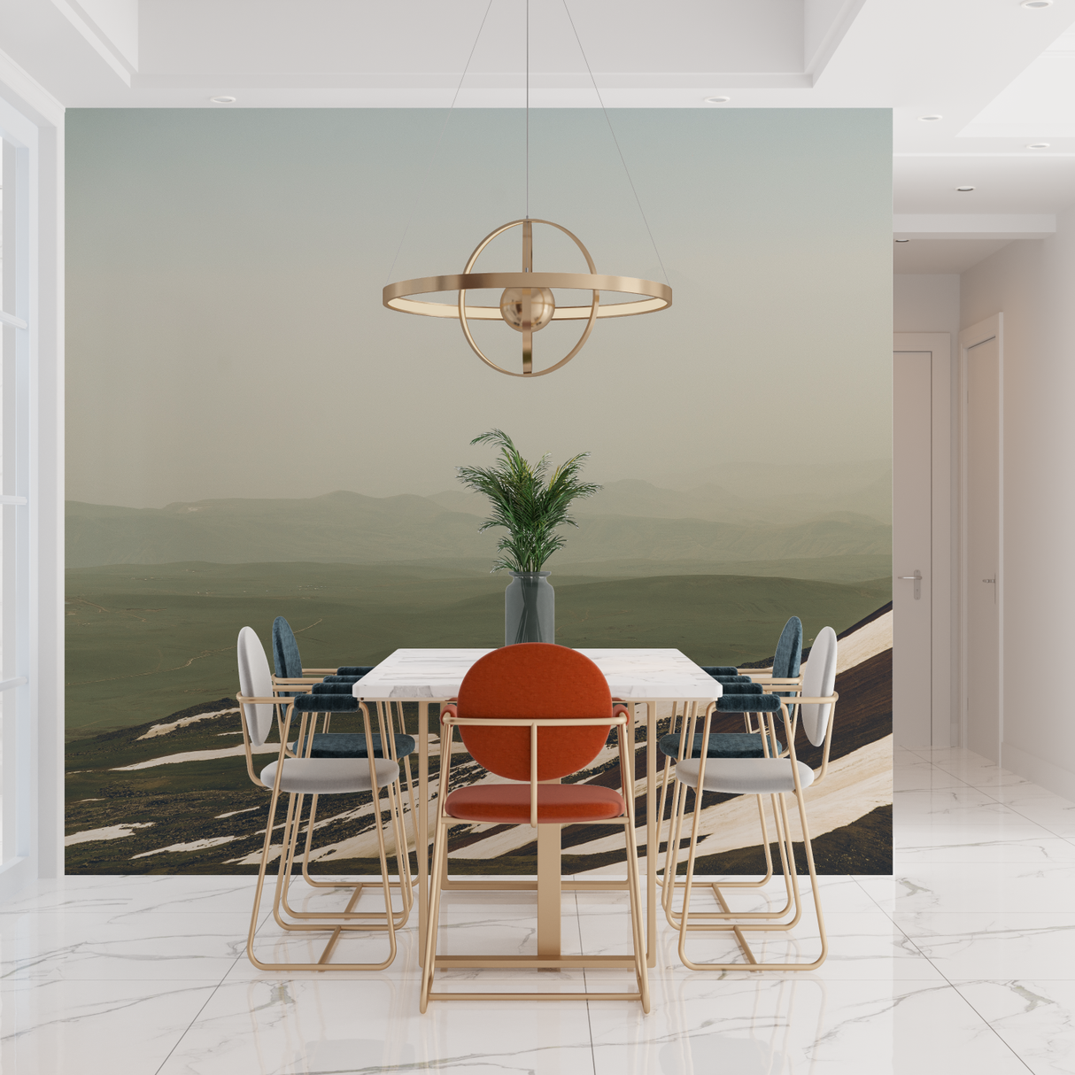Mountain Mural Wallpaper | Misty Green Landscape with White Waves