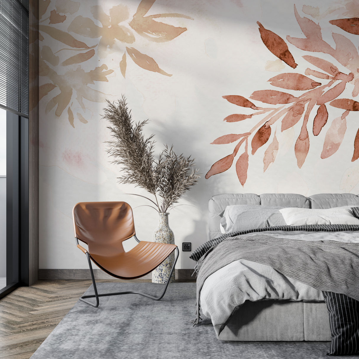 Watercolor Mural Wallpaper | Terracotta Botanical Leaves