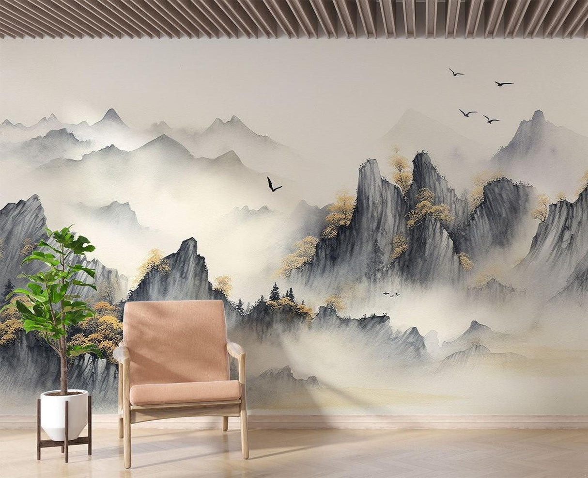 Mountain Mural Wallpaper | Japanese Watercolor Landscape with Birds