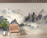 Mountain Mural Wallpaper | Japanese Watercolor Landscape with Birds