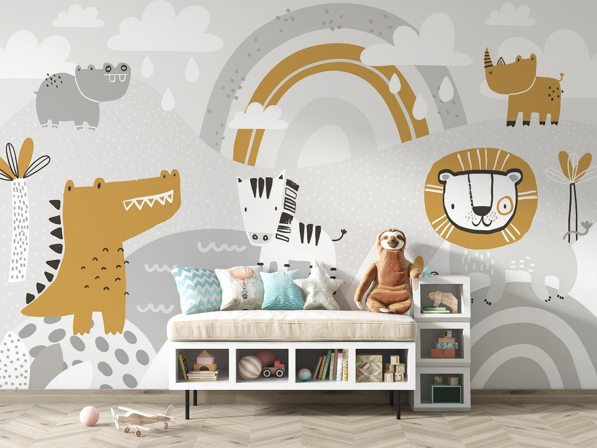 Safari Animals Mural Wallpaper | Playful Gold and Grey Design