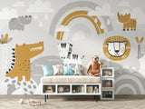 Safari Animals Mural Wallpaper | Playful Gold and Grey Design