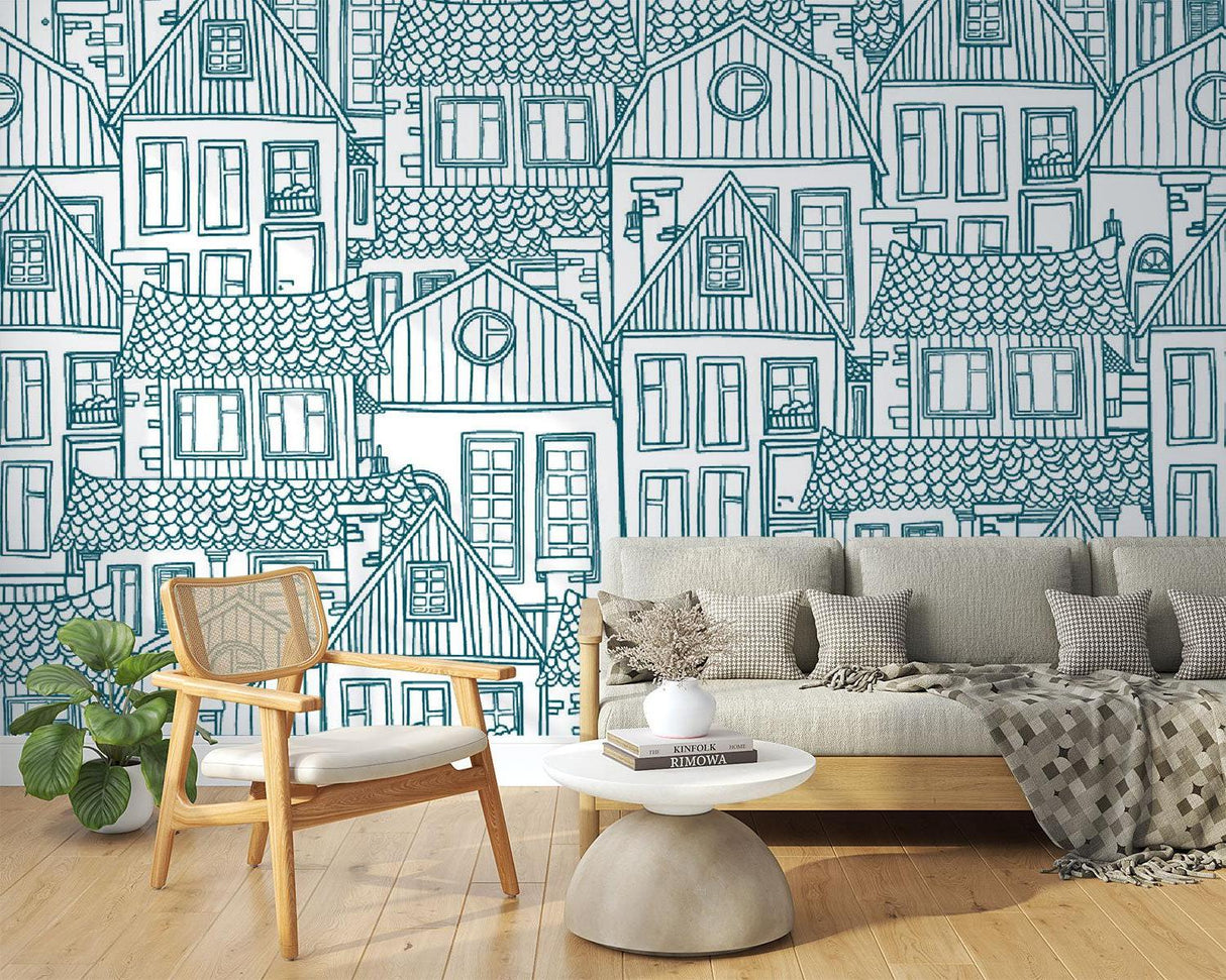 City Line Art Mural Wallpaper | Blue Architectural Sketch Design