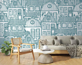 City Line Art Mural Wallpaper | Blue Architectural Sketch Design