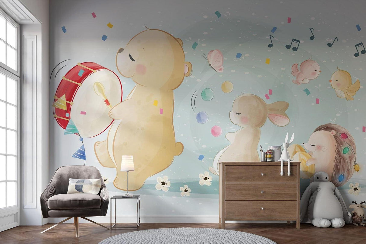 Musikalische Tiere Tapete | Verspielte Kinderzimmer-Band mit Bär und Hase