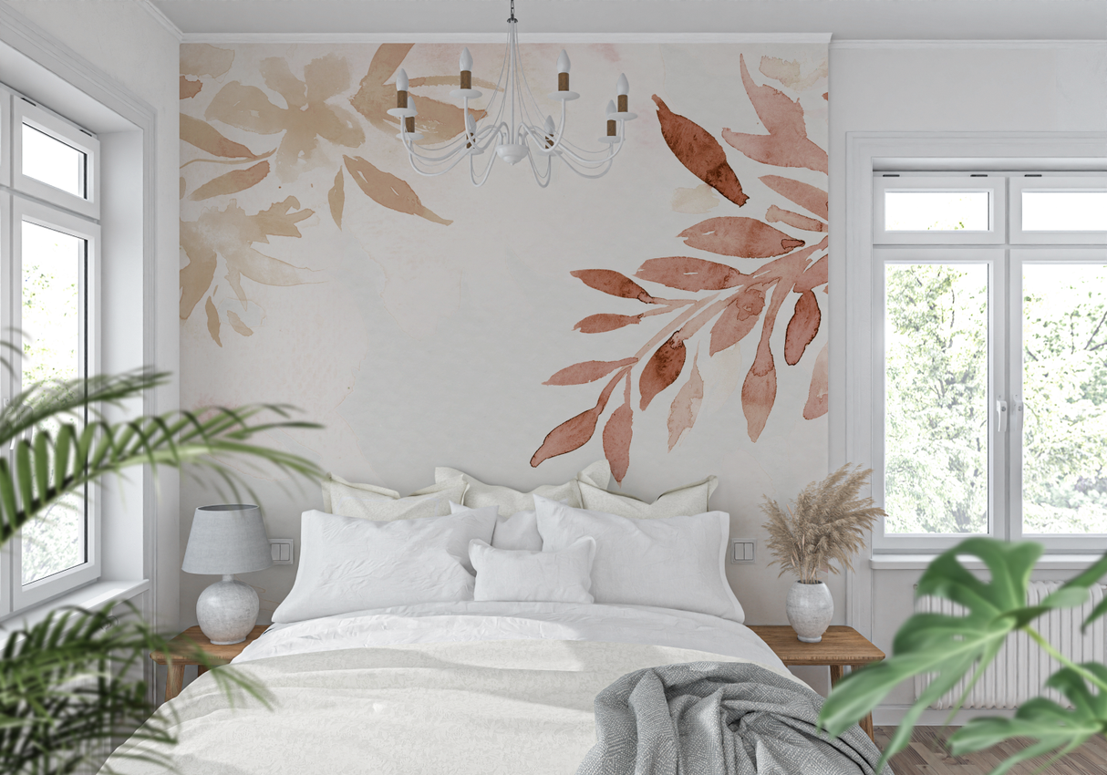 Watercolor Mural Wallpaper | Terracotta Botanical Leaves