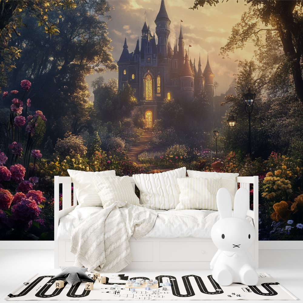 Castle Mural Wallpaper | Enchanted Garden Path at Sunset