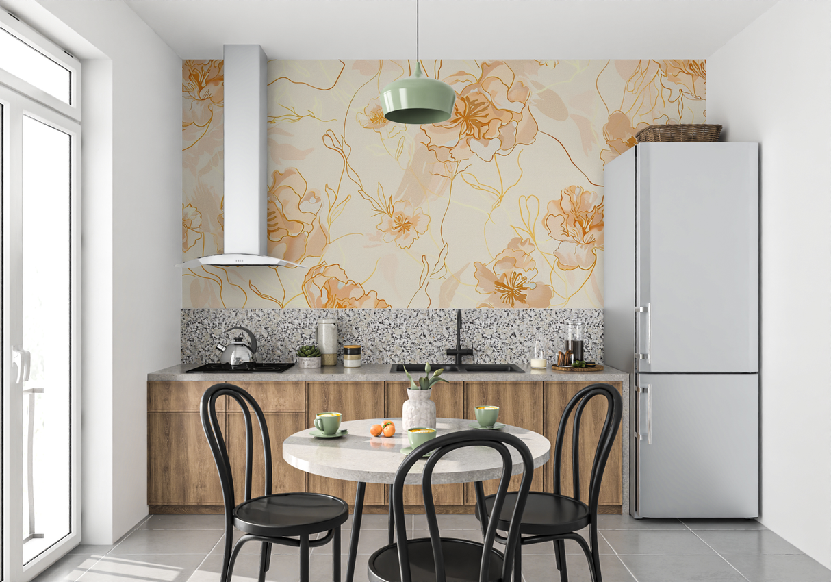 Floral Mural Wallpaper | Elegant Orange Line Art Design