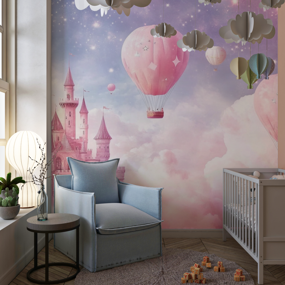 Princess Castle Mural Wallpaper | Dreamy Pink Hot Air Balloons